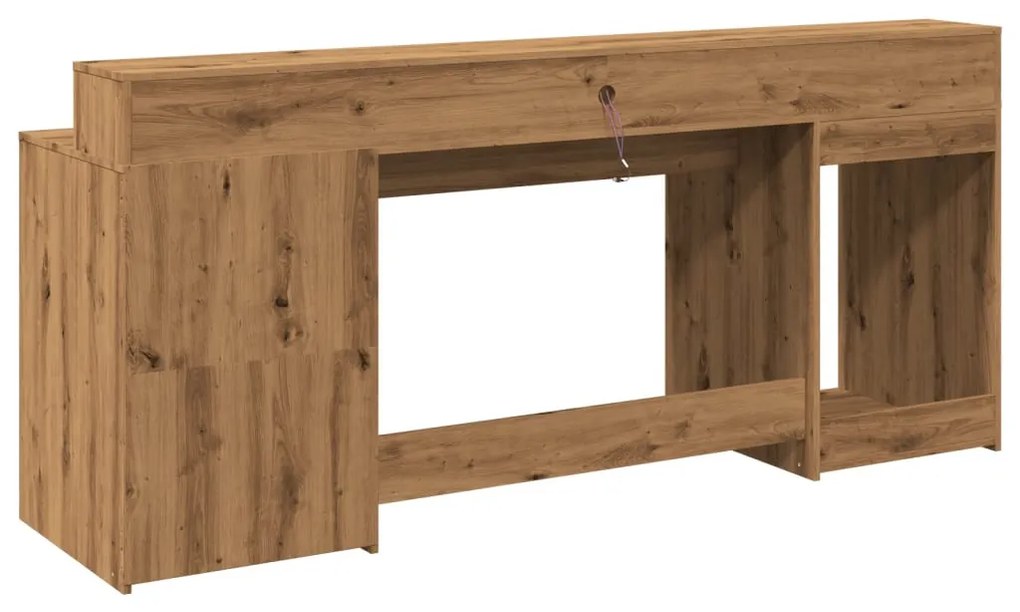 kézműves tölgy színű szerelt fa LED-es íróasztal 200x55x91 cm