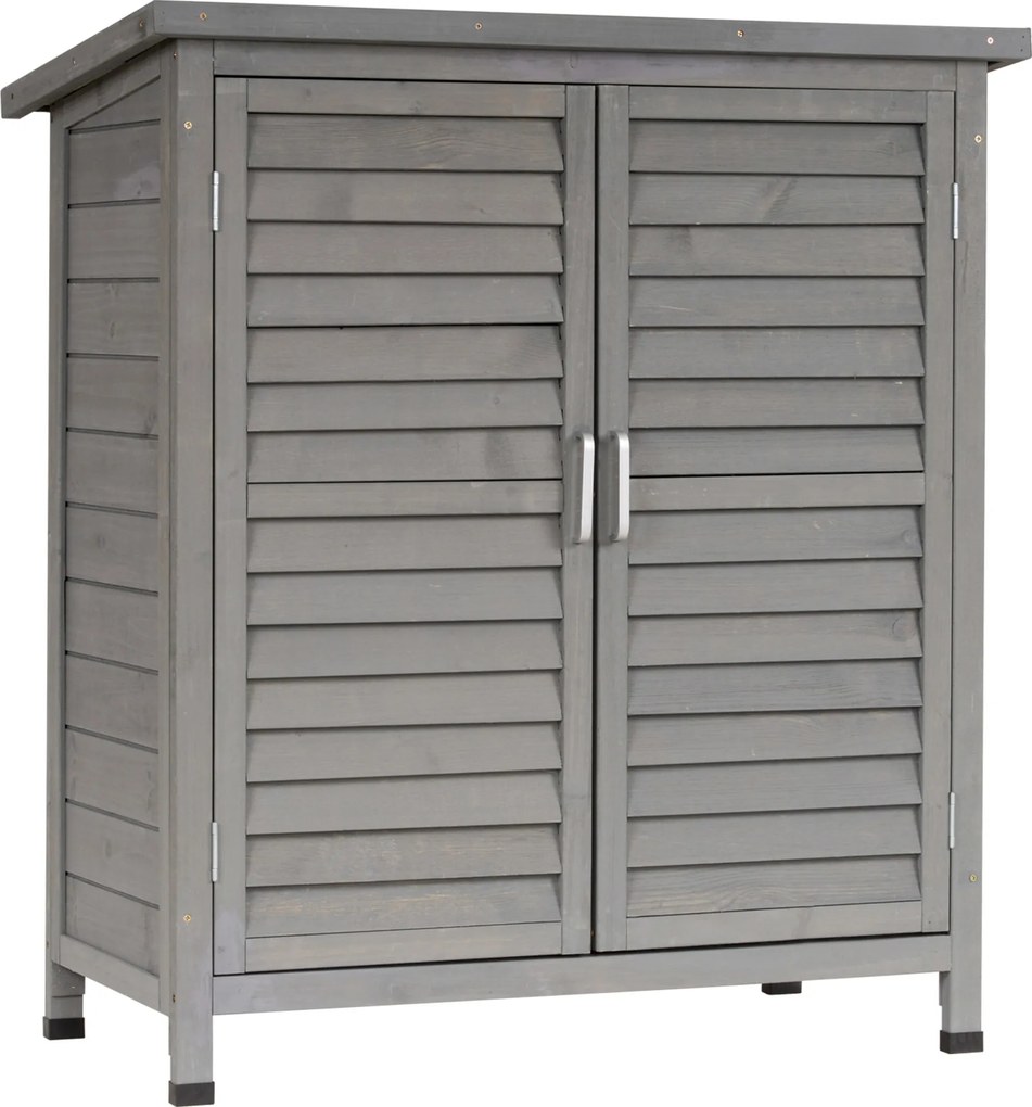 Outsunny Fa Kerti Tároló Szekrény 2 Belső Polccal, 2 Ajtóval és Lejtős Tetejével Kültéri Teraszra 87x46.5x96.5 cm Szürke | Aosom