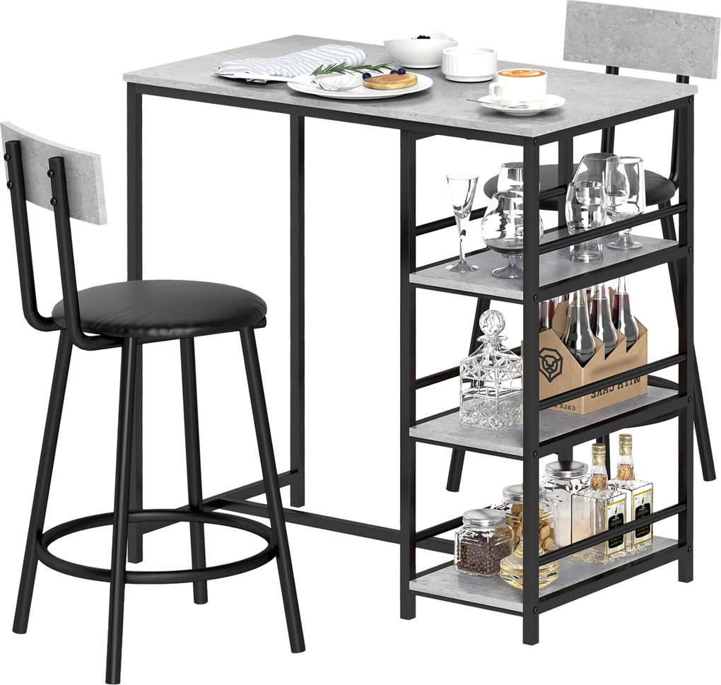 HOMCOM Magas Bárasztal Szett 2 Bárszékkel - Magas Konyhai Asztal Oldalsó Polcokkal, Párnázott Üléssel és Lábpihenővel Szürke Színben | Aosom