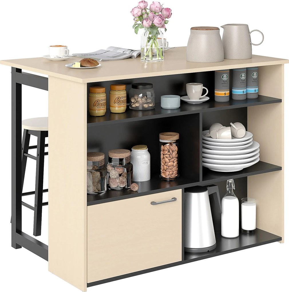 HOMCOM Bárasztal és Bárszék Szett, 2 Fős Bárasztali Szett, Étkezőasztal Kihajtható Asztallappal, Szekrény, 2 Szék, Lábpihenő, Modern Pultasztal Étkező