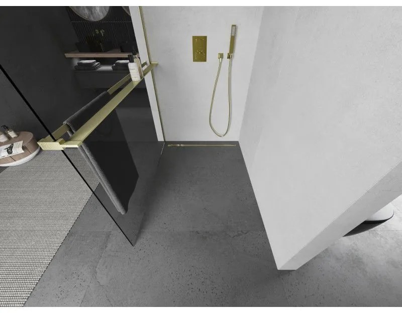 Mexen Kioto+, Walk-In zuhany paraván polccal és akasztóval 125 x 200 cm, 8 mm átlátszó üveg, arany matt profil, 800-125-121-55-00