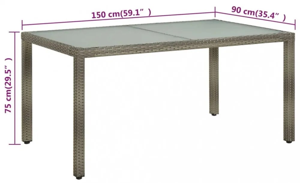 szürke polyrattan és edzett üveg kerti asztal 150 x 90 x 75 cm