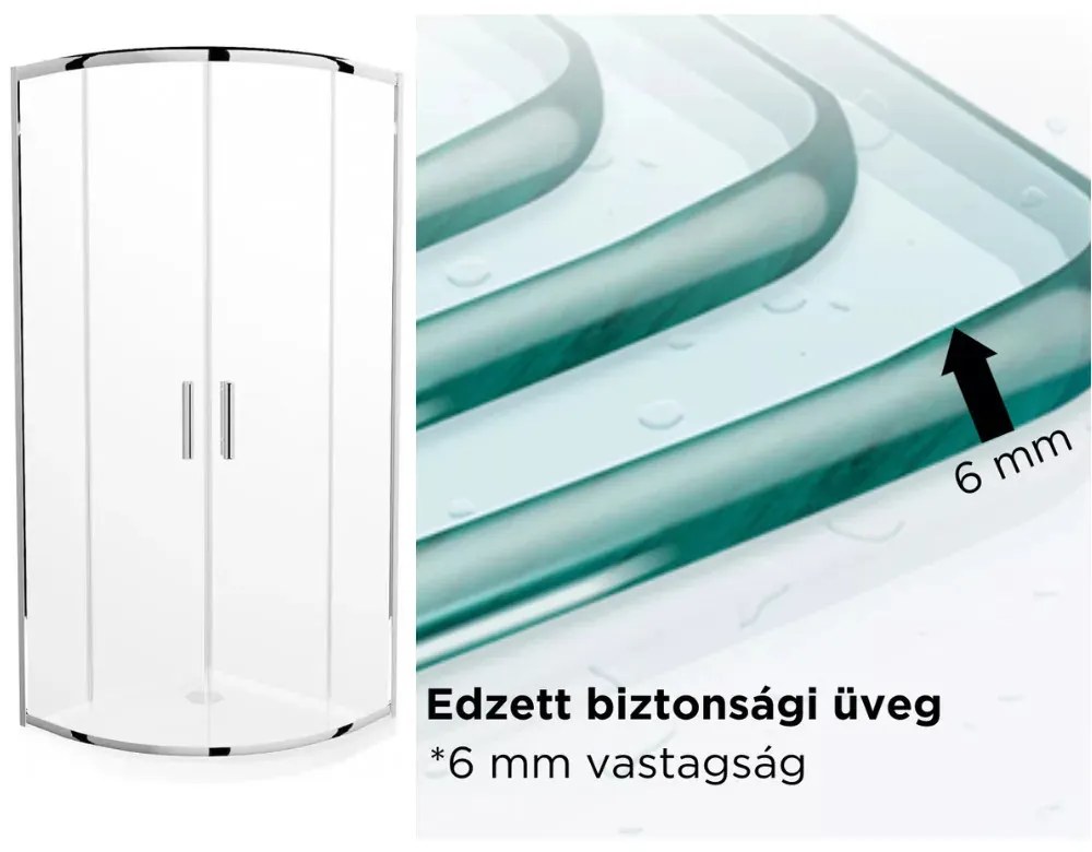 Elio 80X80 cm íves két tolóajtós zuhanykabin 6 mm vízlepergető biztonsági üveggel, krómozott elemekkel, 190 cm magas