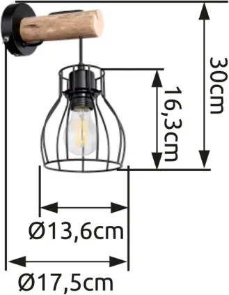 Globo 15326NW Falikar fekete fém vázon natúr fával kombinálva, fekete dróthálós búrával. SZxM::136x300, AL:175, exkl. 1xE27 40W 230V