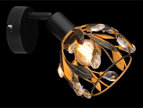 Globo 15759-1 Fali spotlámpa, fém fekete matt, fém arany színű, fekete patinázott, tiszta akril kristályok, SzxM: 120x160mm, Mélység: 210mm, 1x E14 25W 230V izzó nélkül