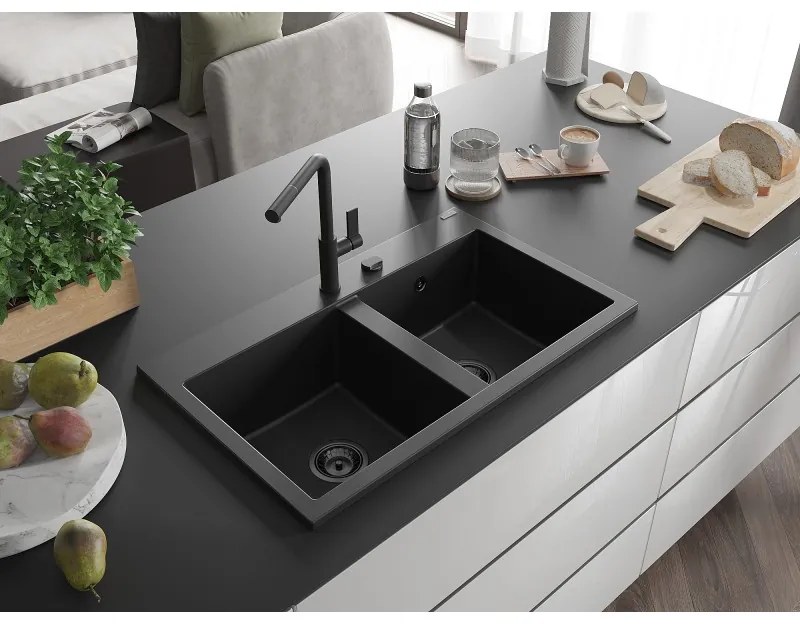 Mexen Hektor, 2 kamrás gránit mosogató 800x480x205 mm, fekete, grafit szifon, 6521802000-77-B