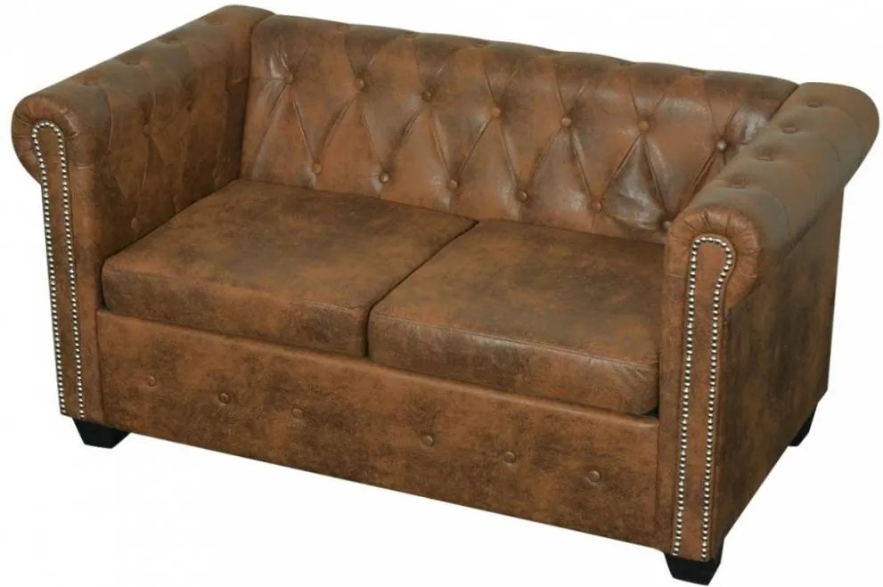 2 személyes barna műbőr chesterfield kanapé