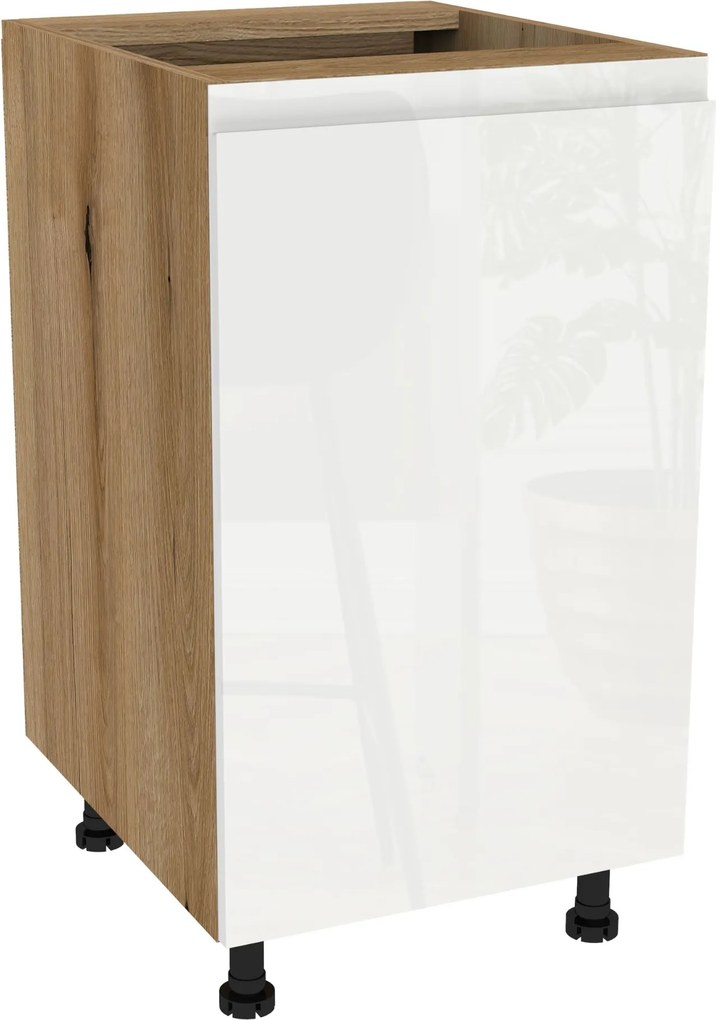 Alsó szekrény 45 Frezo tölgy Evoke front fogantyú nélküli fehér akril fényes