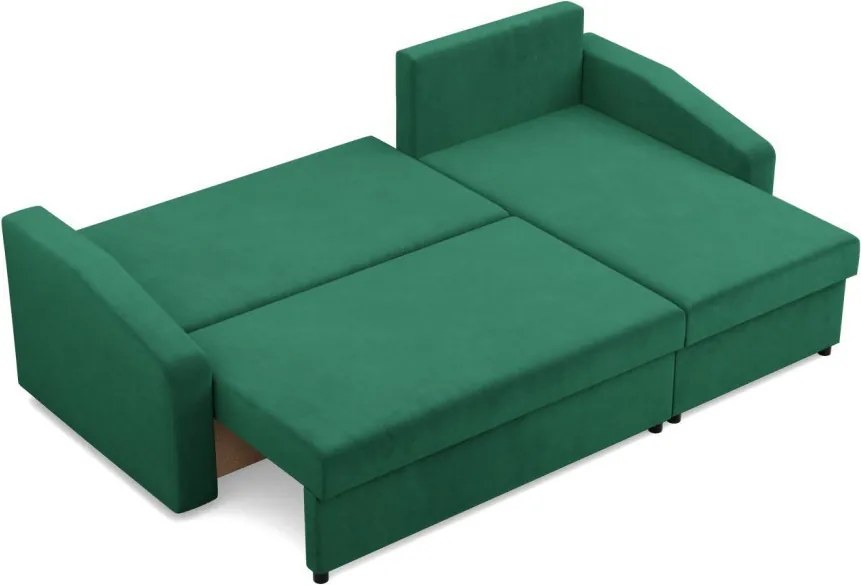Zeus sarokkanapé, 2 ágyneműtartóval, döntött kartámasz, bársony, univerzális oldal, bonell töltet, zöld