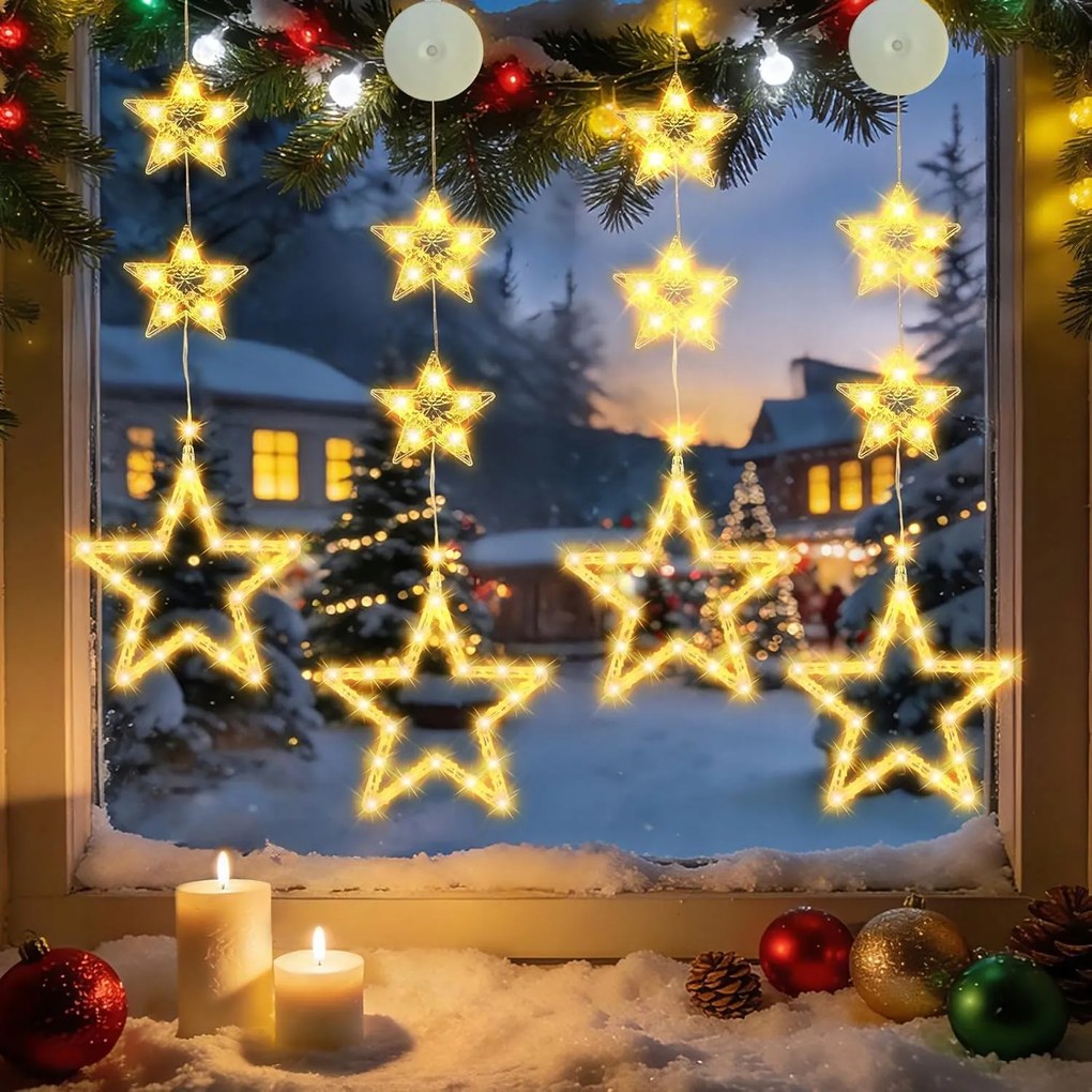 144 LED-es karácsonyfa lámpa csillag alakú ablakra szerelhető, 3,6 m