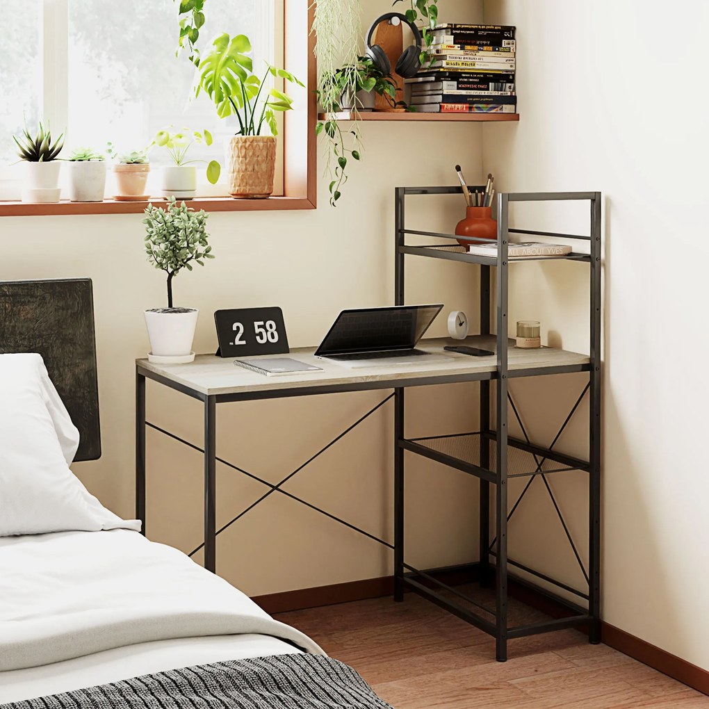 HOMCOM Ipari Forgatható Könyvespolc Íróasztal Acélváz Tanulóasztal Otthoni Irodához Hálószobához 110x53x115,5 cm Tölgy és Fekete | Aosom