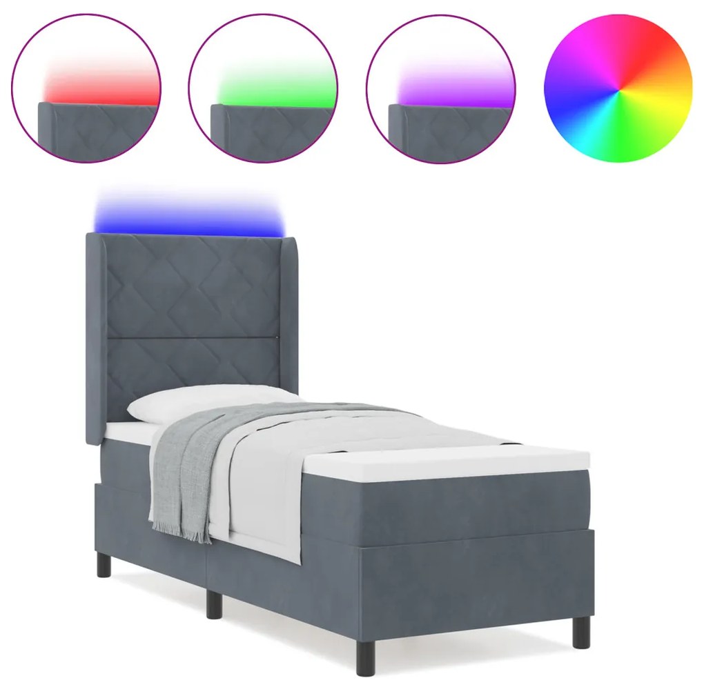 Boxspring Ágy Mattal és LED-del Sötétszürke 80x200 cm Bársony