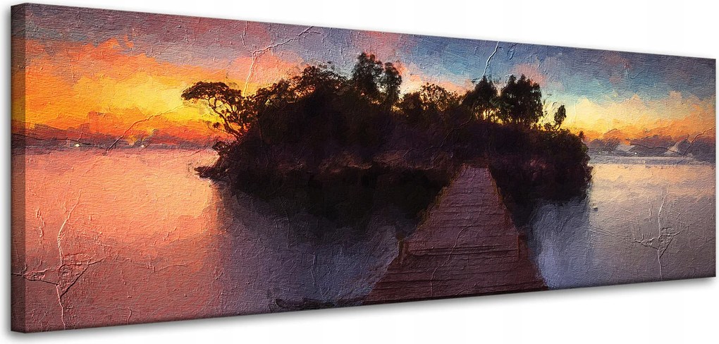 Vászonkép Fa híd naplemente víz 120x40 cm