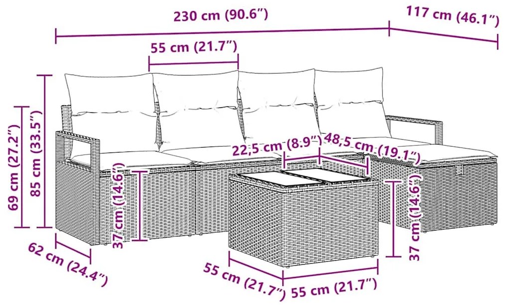 Kerti Kanapé Szett 6 pcs Szürke 230 x 117 x 85 cm Poli rattan