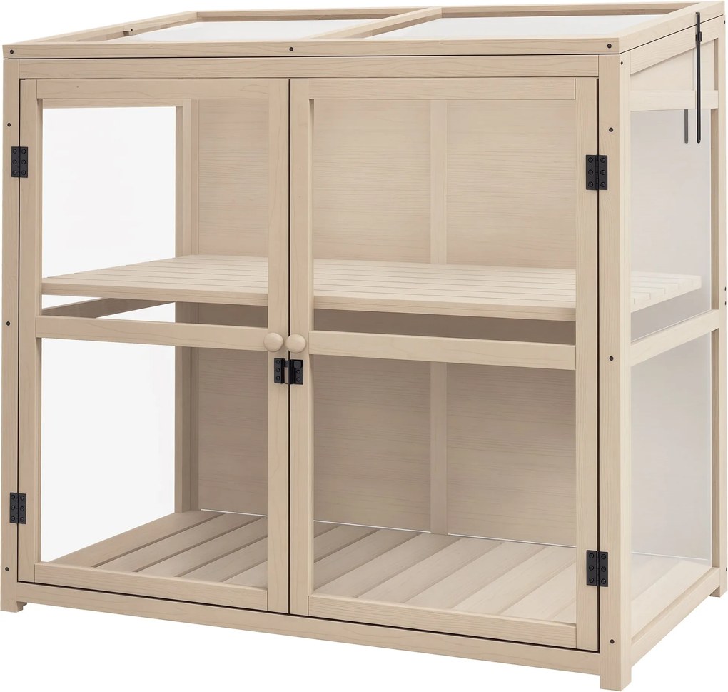 Outsunny Fa Hidegkeret Üvegház, 2-Szintes Kert Üvegház Dupla Ajtóval, Tető Ablakkal, Szélálló Emelt Ágyás, Kerthez, Erkélyhez, Természetes, 103 x 61 x