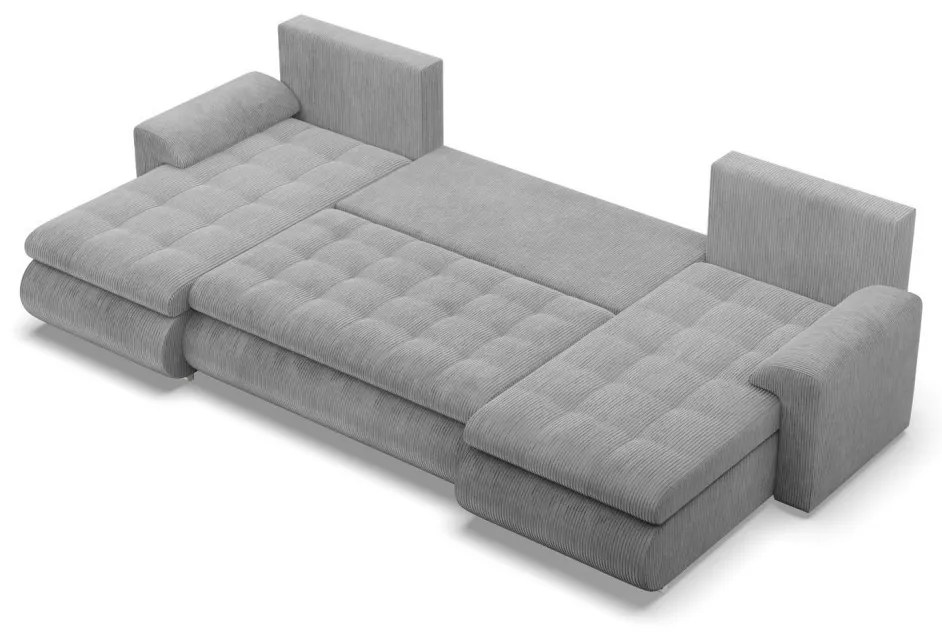 Tokio U alakú sarokkanapé, 3 ágyneműtartóval, kordbársony, univerzális oldal, szürke