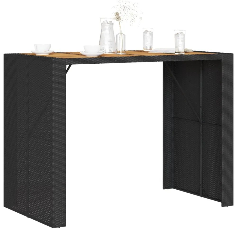 fekete polyrattan kerti bárasztal akácfa lappal 145x80x110 cm