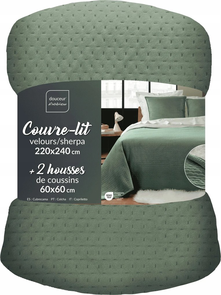 Bársony Szett 240 X 220 Cm-es Ágytakaróval És 2 Párnahuzattal 60 X 60 CM Zöld