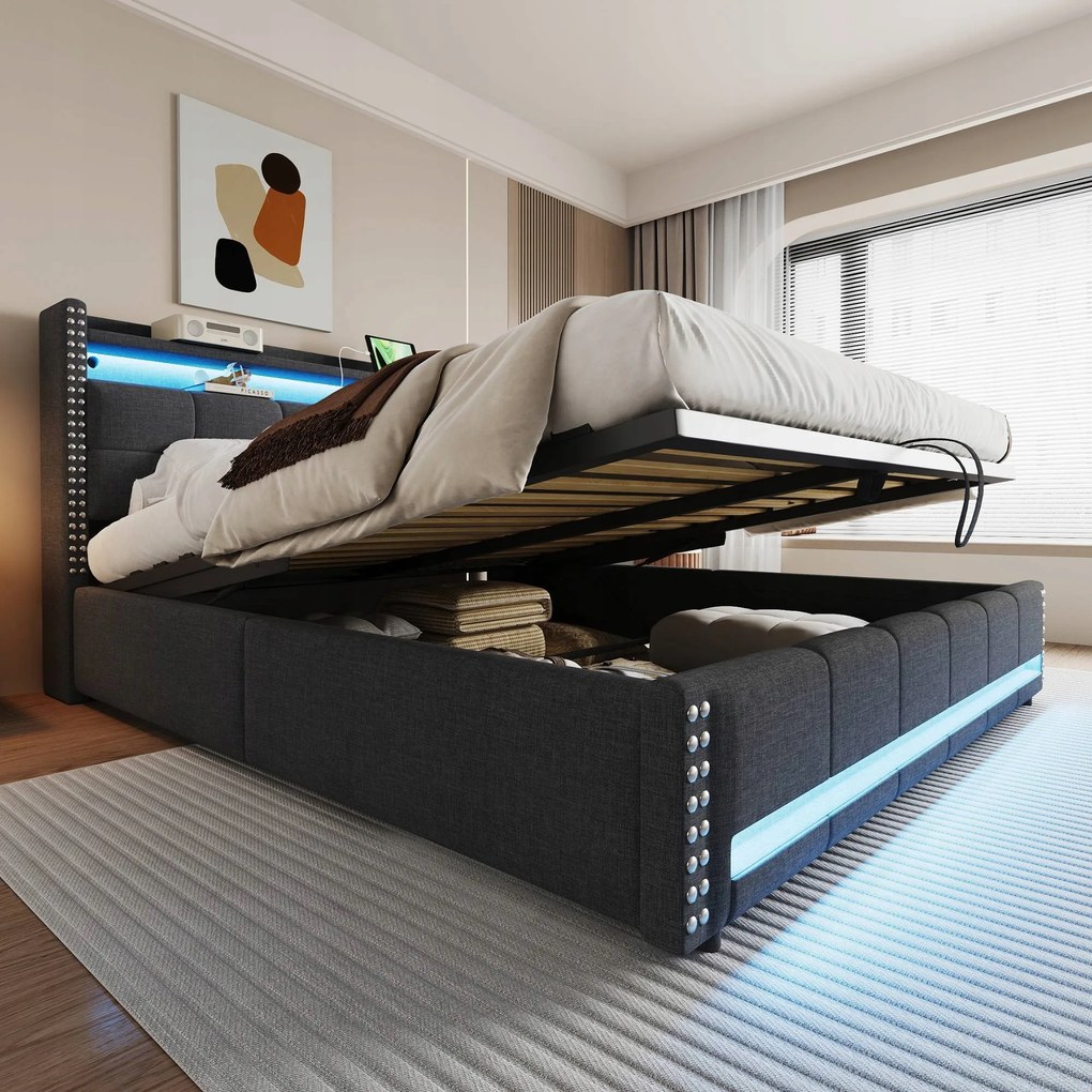 Kárpitozott ágy 180*200 cm Hidraulikus dupla ágy Led Usb szürke