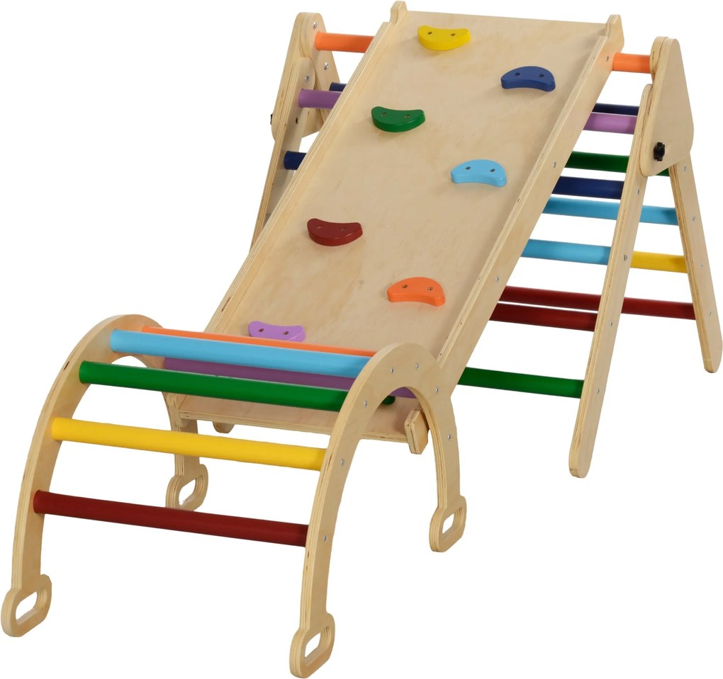 AIYAPLAY Összecsukható 5 az 1-ben Fa Mászó Háromszög 18-48 hónapos gyermekeknek, Mászóíves Rámpával csúszásra vagy mászásra, 178x64,5 cm, Többszínű |