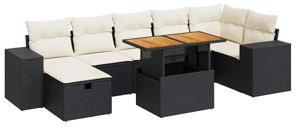 5 részes fekete polyrattan akácfa kerti kanapészett párnákkal