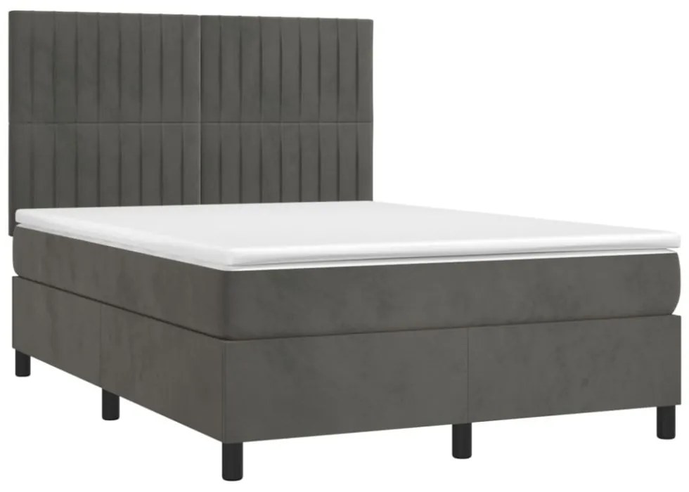 sötétszürke bársony rugós és LED-es ágy matraccal 140x190 cm