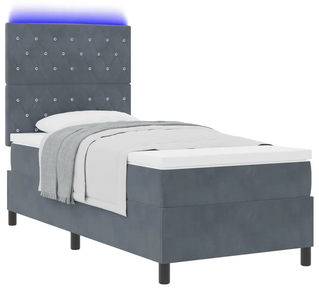 Boxspring Ágy Mattal & LED Sötétszürke 90x190 cm Bársony