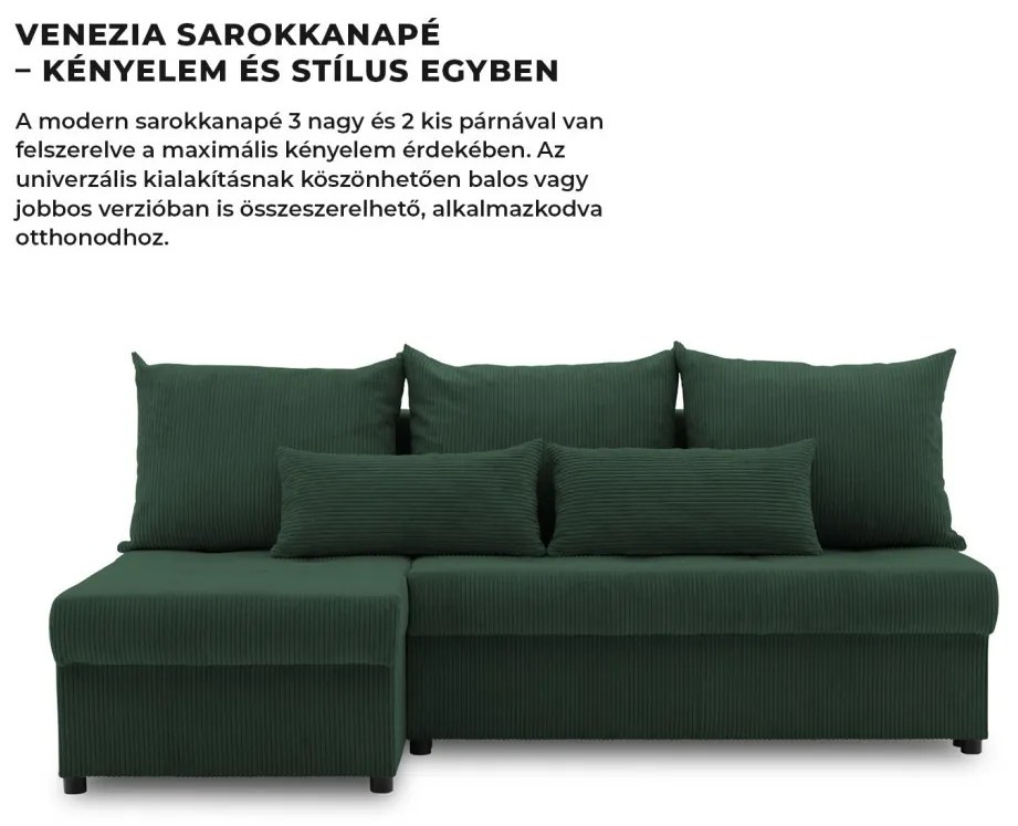 Venezia sarokkanapé, kordbársony, univerzális oldal, bonell töltet, zöld