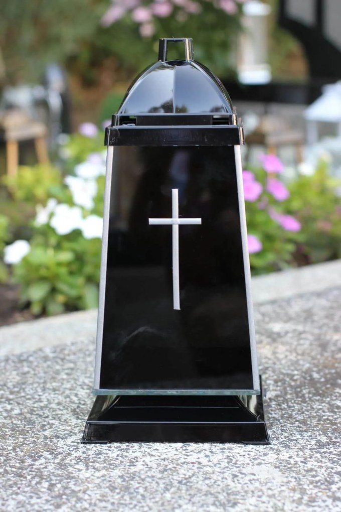 Fekete-ezüst luxus kegyeleti mécse kereszttel 30cm