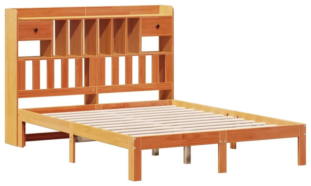 barna tömör fenyőfa könyvespolcos ágy matrac nélkül 135 x 190cm