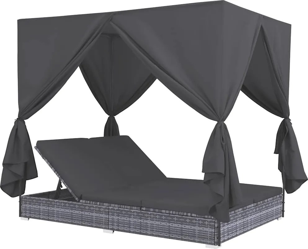 vidaXL szürke polyrattan napozóágy függönyökkel