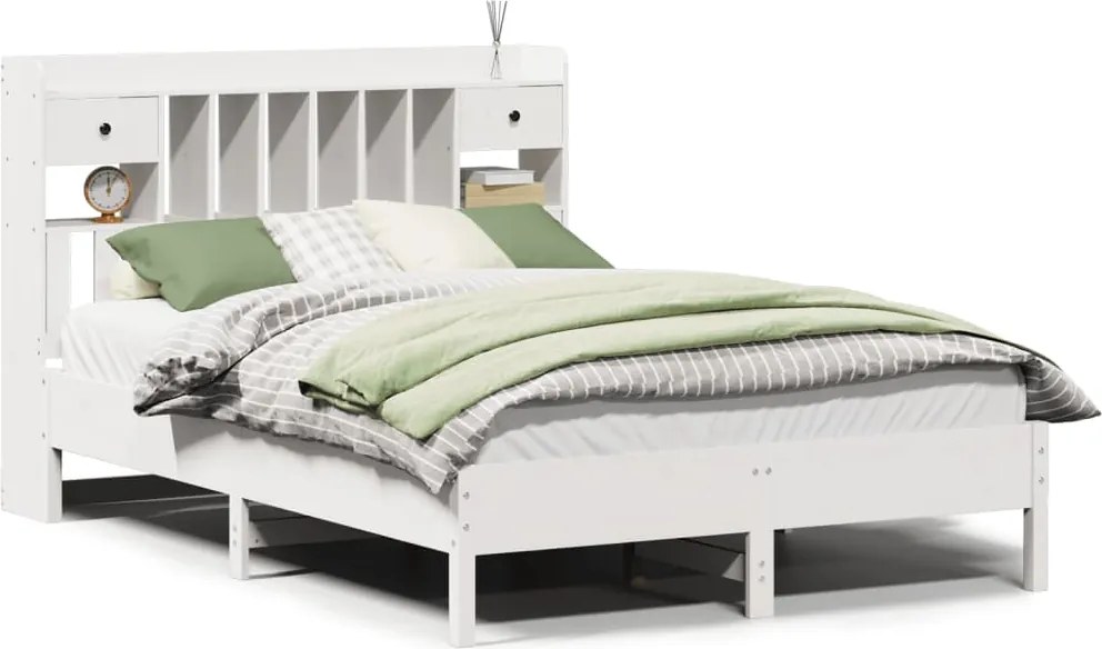 vidaXL fehér tömör fenyőfa könyvespolcos ágy matrac nélkül 135x190 cm