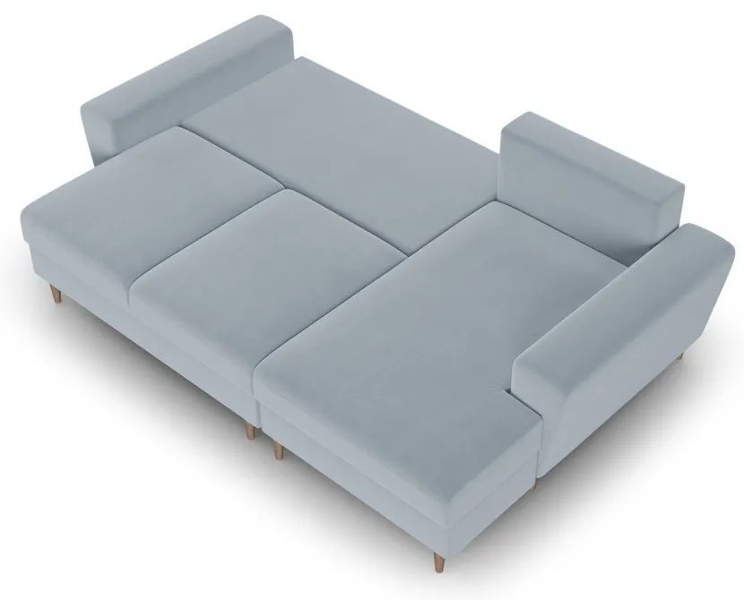 Világoskék bársony kinyitható tárolóhelyes sarokkanapé (jobb oldali-heverő résszel) Kyoto – Cosmopolitan Design