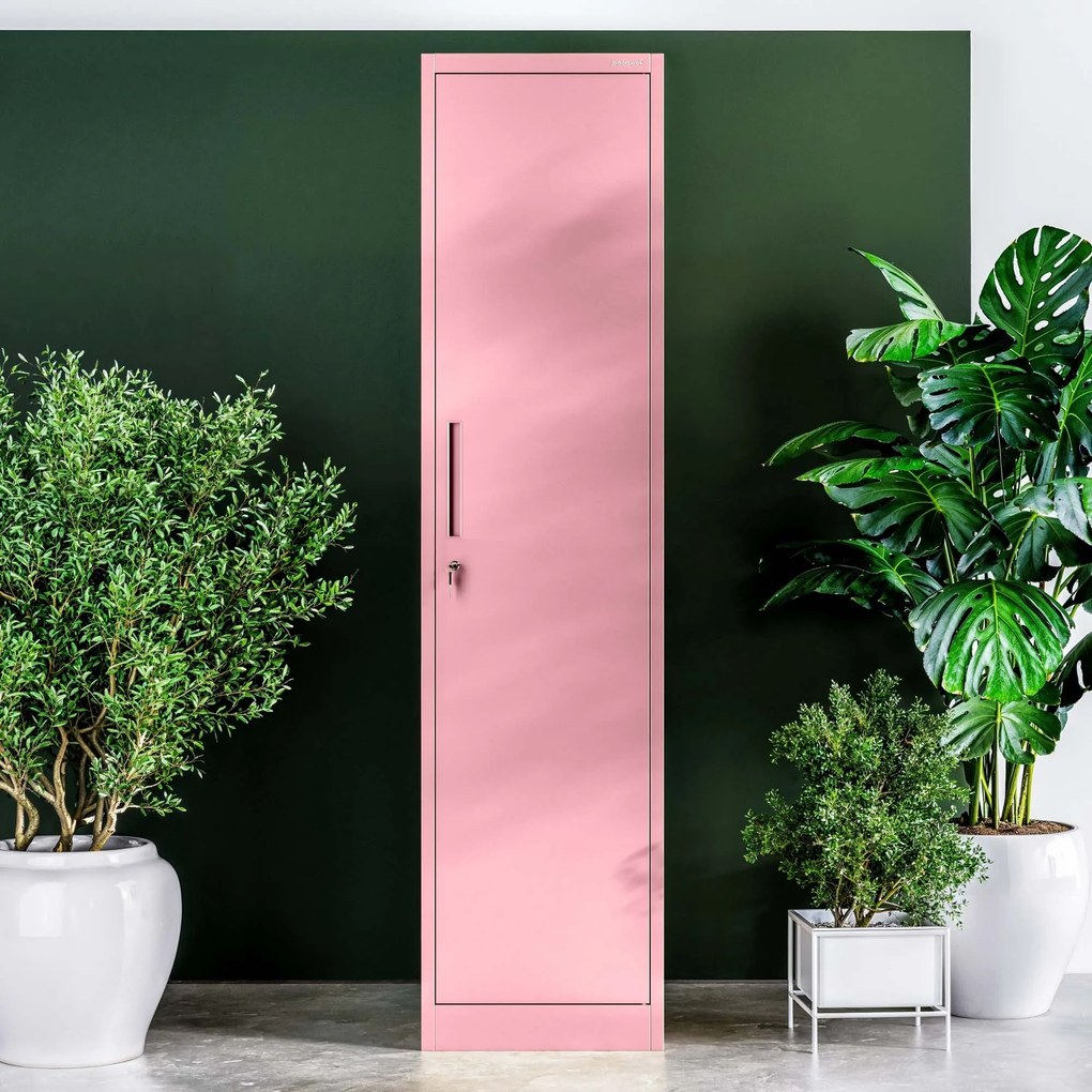 Keskeny fém irodai iratszekrény, púderrózsaszín, 450x1850x400 mm: ALEX Fresh Style