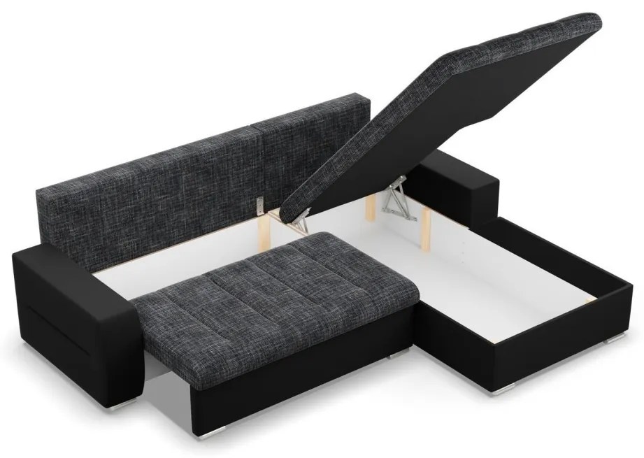 Toronto sarokkanapé, 2 ágyneműtartóval, fonott + műbőr, jobboldali, szürke - fekete