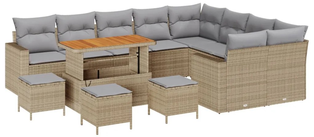 12 darabos kertikézmű párnákkal bézs poly rattan akác, 3 darabos kert étkező szett párnákkal bézs poly rattan akác