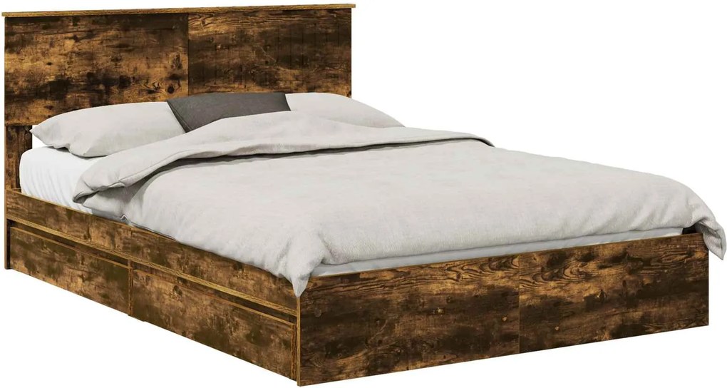 vidaXL Tárolós Ágy fejtámlával Füstölt tölgy 135 x 190 cm Faanyag