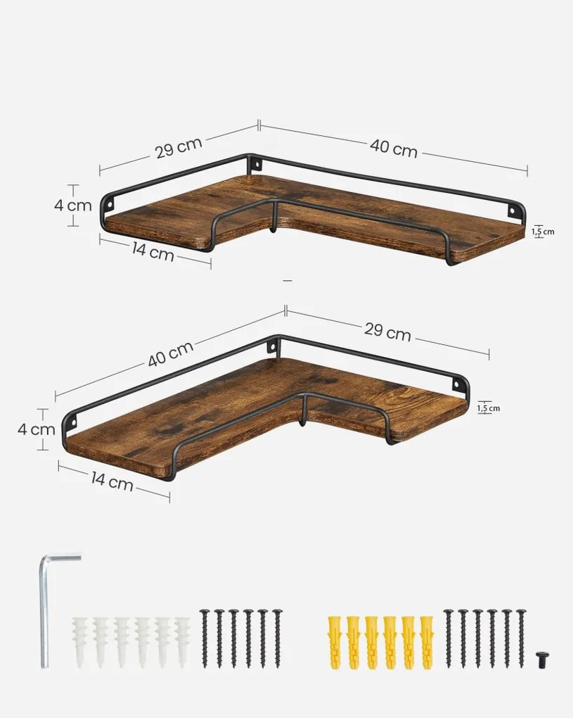 2 darabos sarok fali polc, rusztikus barna 40x29x4cm