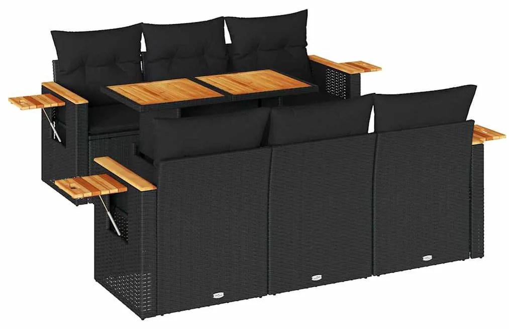 7 részes fekete polyrattan akácfa kerti ülőgarnitúra párnával