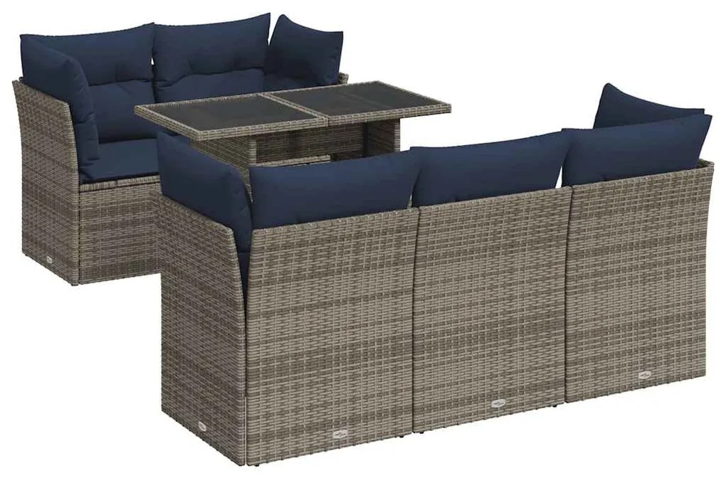 6 részes szürke polyrattan akácfa kerti ülőgarnitúra párnákkal