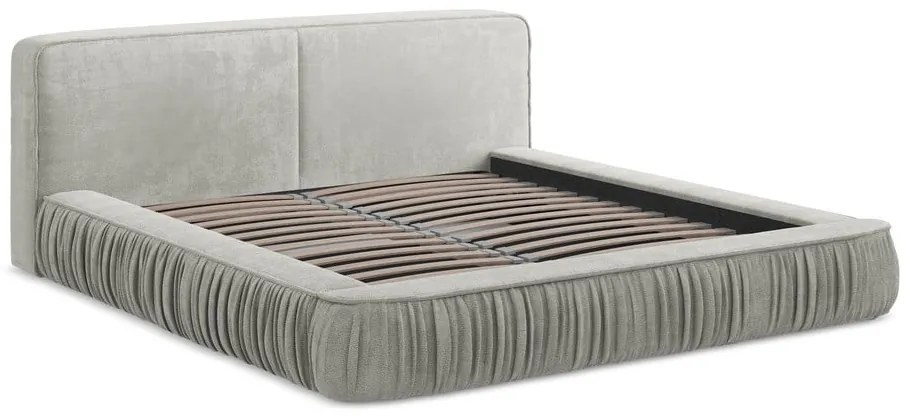 Világosszürke kárpitozott ágyneműtartós franciaágy ágyráccsal 140x200 cm Keoni – Makamii