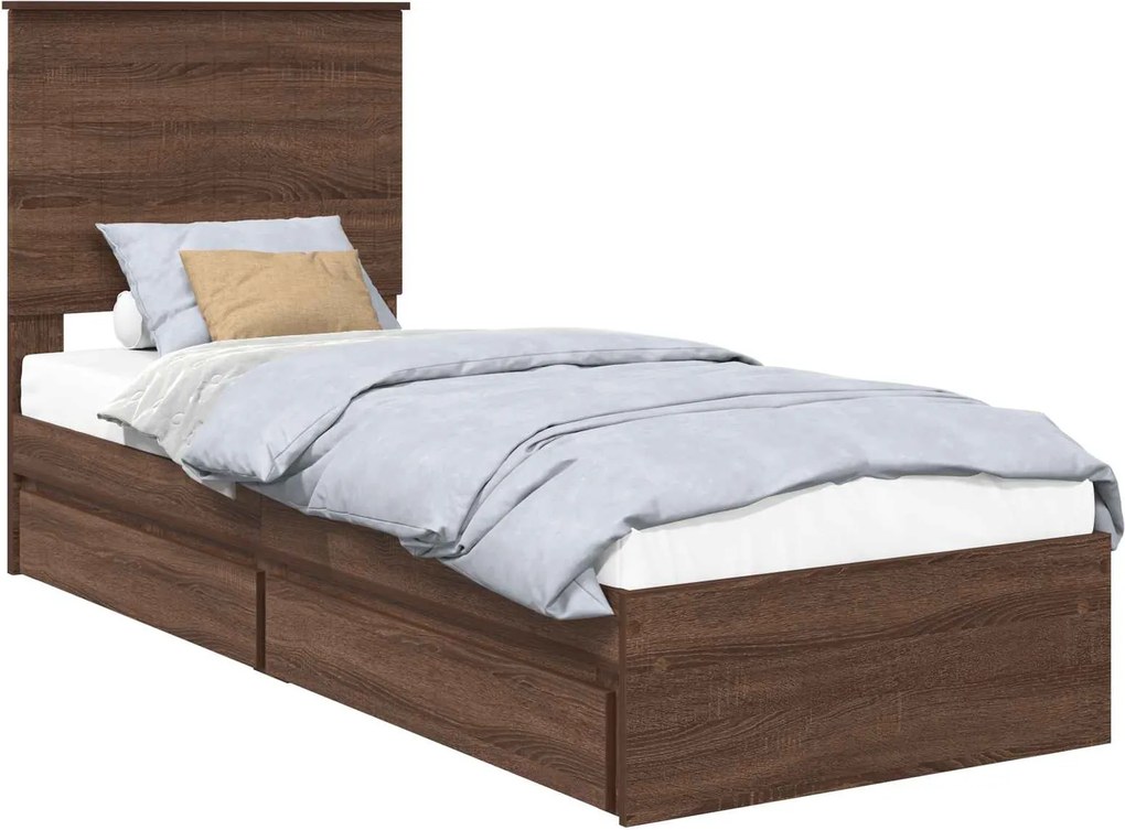 vidaXL Tárolós Ágy fejtámlával fiókkal Barna Tölgy 75 x 190 cm Faanyag