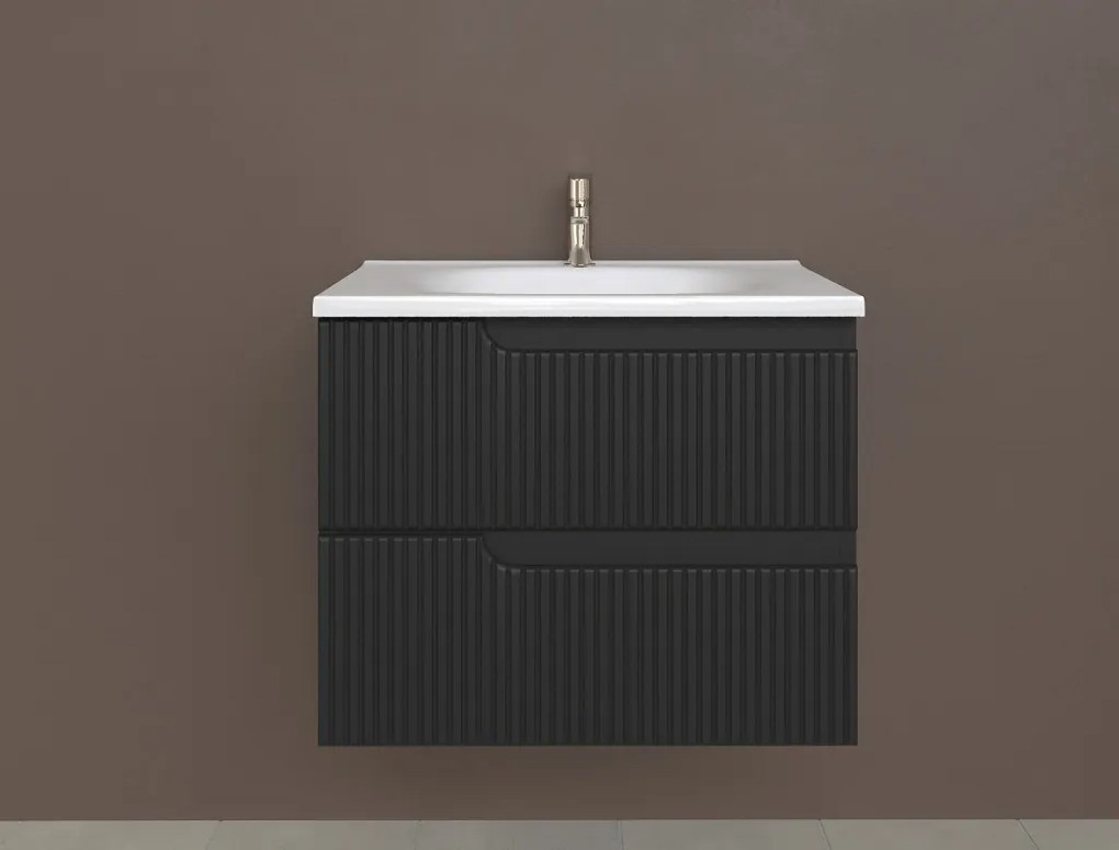 Piramida EURIDIKA fali fürdőszobabútor - műmárvány mosdóval -2 fiókos - PINO FEKETE - 65 x 48 x 53 c