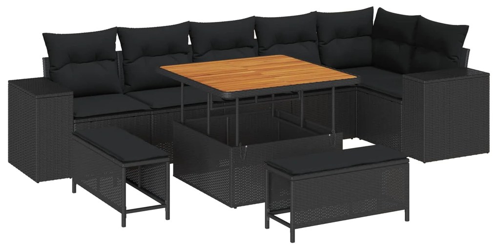 vidaXL Kerti Kanapé Szett párnával 9 pcs Fekete polirattan