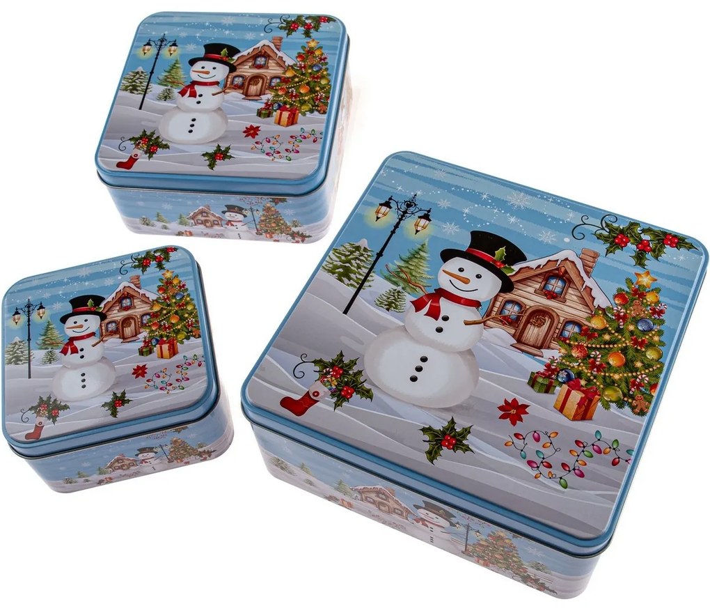 3 darab szögletes fémdoboz szett Hóember