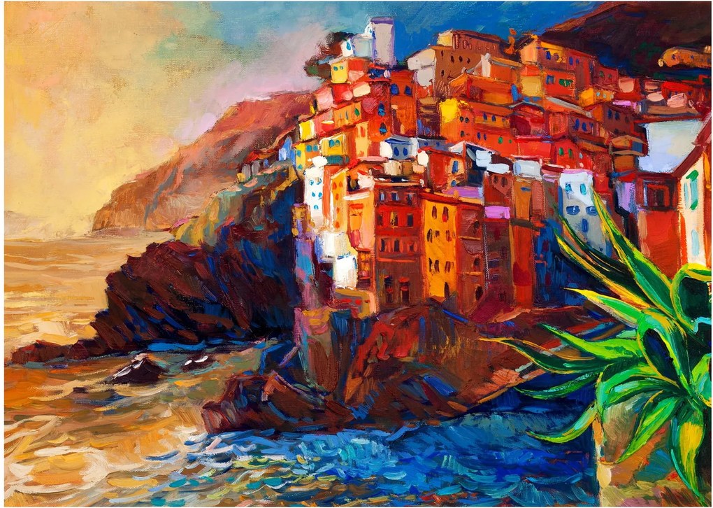 Kép - Falu Cinque Terre partján, az olasz riviérán, modern impresszionizmus (70x50 cm)