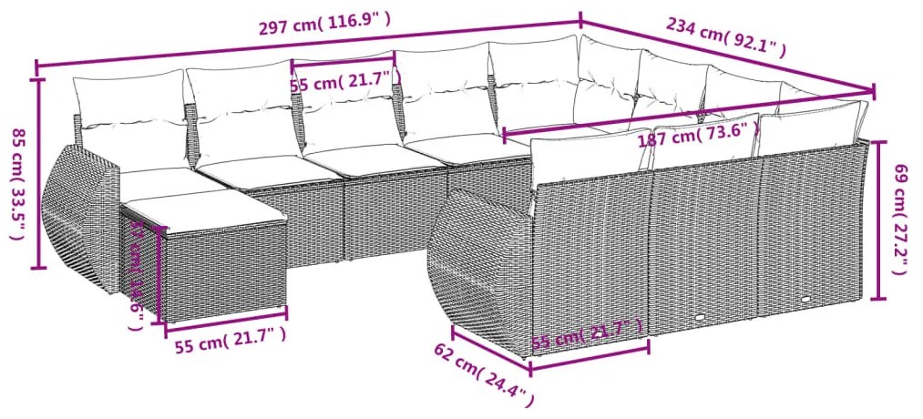 11 részes fekete polyrattan kerti ülőgarnitúra párnákkal