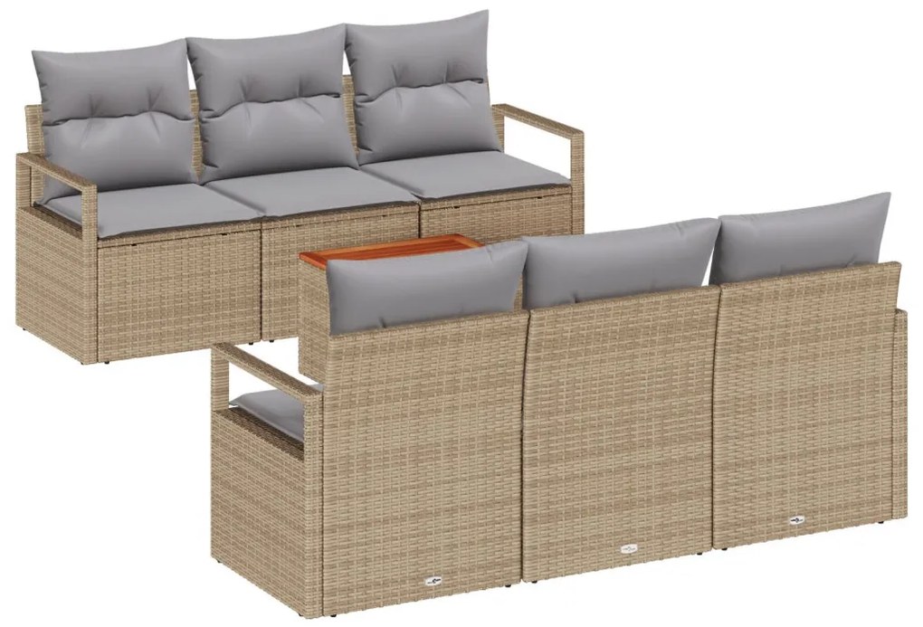 7 darabos kertibútor szett párnákkal Bézs poli rattan akáciával, 2 személyes kertibútor párnákkal Bézs poli rattan