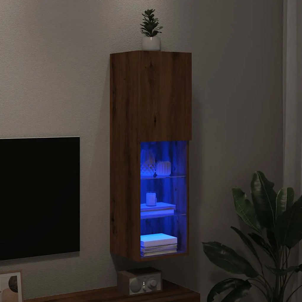 kézműves tölgy színű TV-szekrény LED-lámpákkal 30,5x30x102 cm