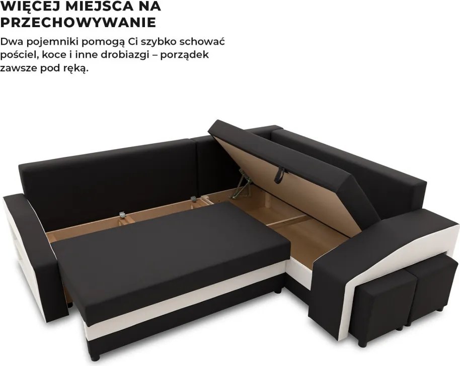 Grande sarokkanapé polcokkal és puffokkal , polc a bal karfaban puffok a jobb karfaban, jobboldali, szövet anyag, bonell töltet, fekete - fehér